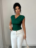 Spring/Summer Fashionable and Elegant Ruffle Pleat Collar Daily Casual T-Shirt - Green