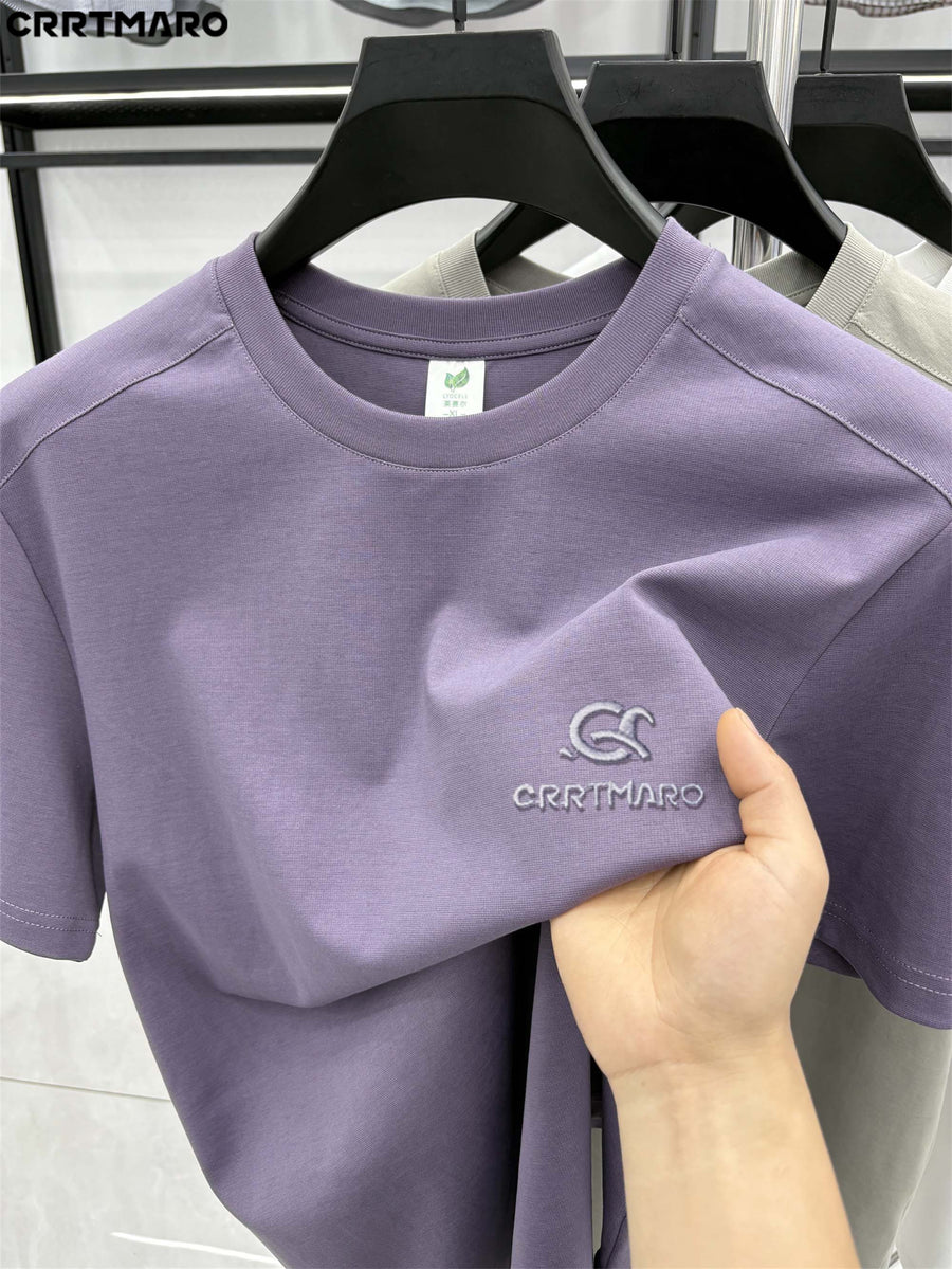 Katemar CRRTMARO New Summer Round Neck Ice Silky Fiber Fabric Quick-Dry Short Sleeve T-Shirt for Young Men, Loose Fit Casual Short Sleeve Top, Men's Apparel NKY - Purple