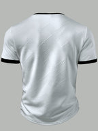 Men'S Fashion Men'S Top, Spring Summer Outdoor Casual Textured Fabric Contrast Patchwork Crew Neck Button Eyelet Decor Short Sleeve Men'S Henley Shirt - White