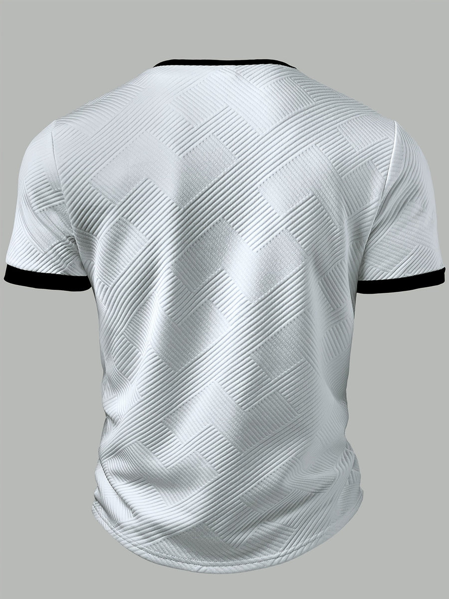 Men'S Fashion Men'S Top, Spring Summer Outdoor Casual Textured Fabric Contrast Patchwork Crew Neck Button Eyelet Decor Short Sleeve Men'S Henley Shirt - White
