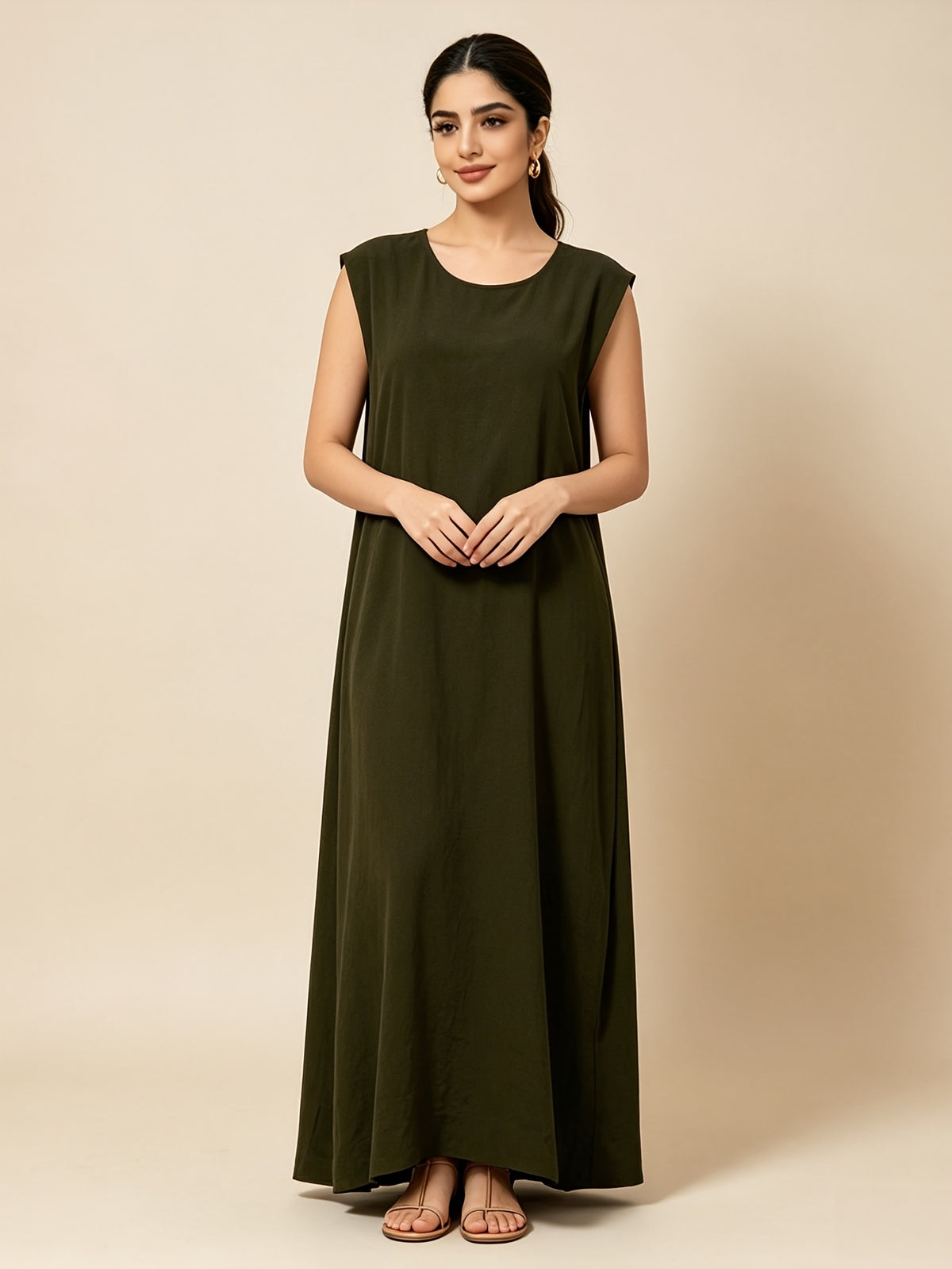 1pc Solid Color Elegant Casual Spring Autumn Suitable for Women'S Daily Base Layer Vest Abaya Muslim Dress Robe Summer Abaya - Olive Green