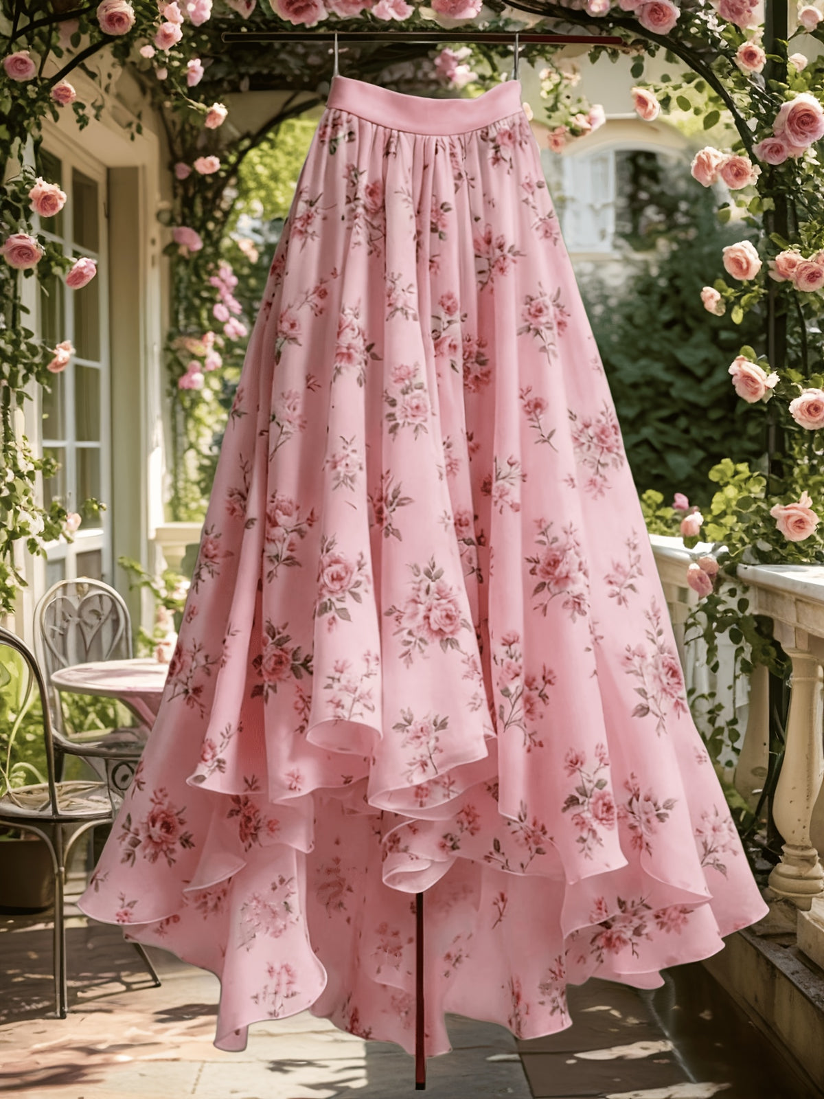 Women'S Lace Mesh Printed Half Skirt, Casual Flared Mesh Skirt - Pink