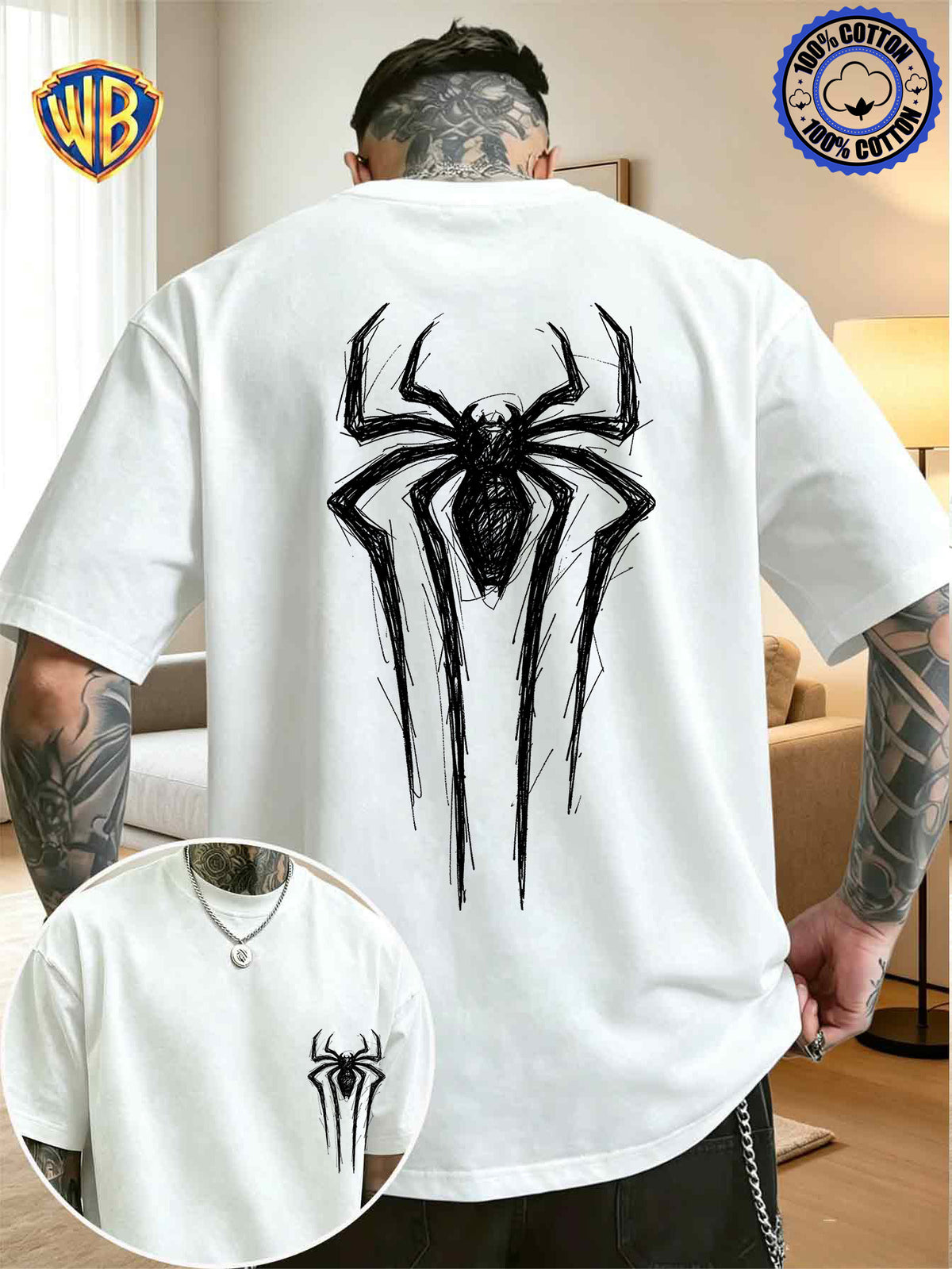 Unisex T-shirt Featuring a Niche Dark Aesthetic with Hand-painted Front and Back Dual-position Combination Prints, Creating a Low-key, Cool, Eye-catching, and Trendy Campus Style - White