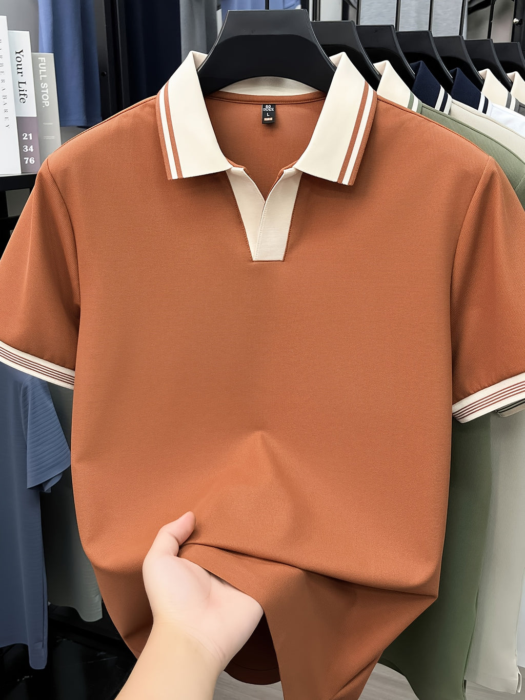 [Shule Water OBM] Summer Men'S Short Sleeve T-Shirt, Contrast Striped Cool Business Casual Versatile Top, Mid-Age Men'S Short Sleeve Collared Polo Shirt (72616) - Tangerine