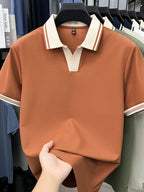[Shule Water OBM] Summer Men'S Short Sleeve T-Shirt, Contrast Striped Cool Business Casual Versatile Top, Mid-Age Men'S Short Sleeve Collared Polo Shirt (72616) - Tangerine