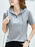 Women's Hooded T-Shirt - Lightweight Summer Blouse with Drawstring Hood, Casual Everyday & Formal Outfits - Easy-Care Non-Transparent Top for Women, Versatile Outfit, Fashionable Pullover, Soft Fabric, Relaxed Fit, Pullover Style, Comfortable Fit, Short - Flecking Gray