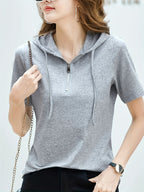 Women's Hooded T-Shirt - Lightweight Summer Blouse with Drawstring Hood, Casual Everyday & Formal Outfits - Easy-Care Non-Transparent Top for Women, Versatile Outfit, Fashionable Pullover, Soft Fabric, Relaxed Fit, Pullover Style, Comfortable Fit, Short - Flecking Gray