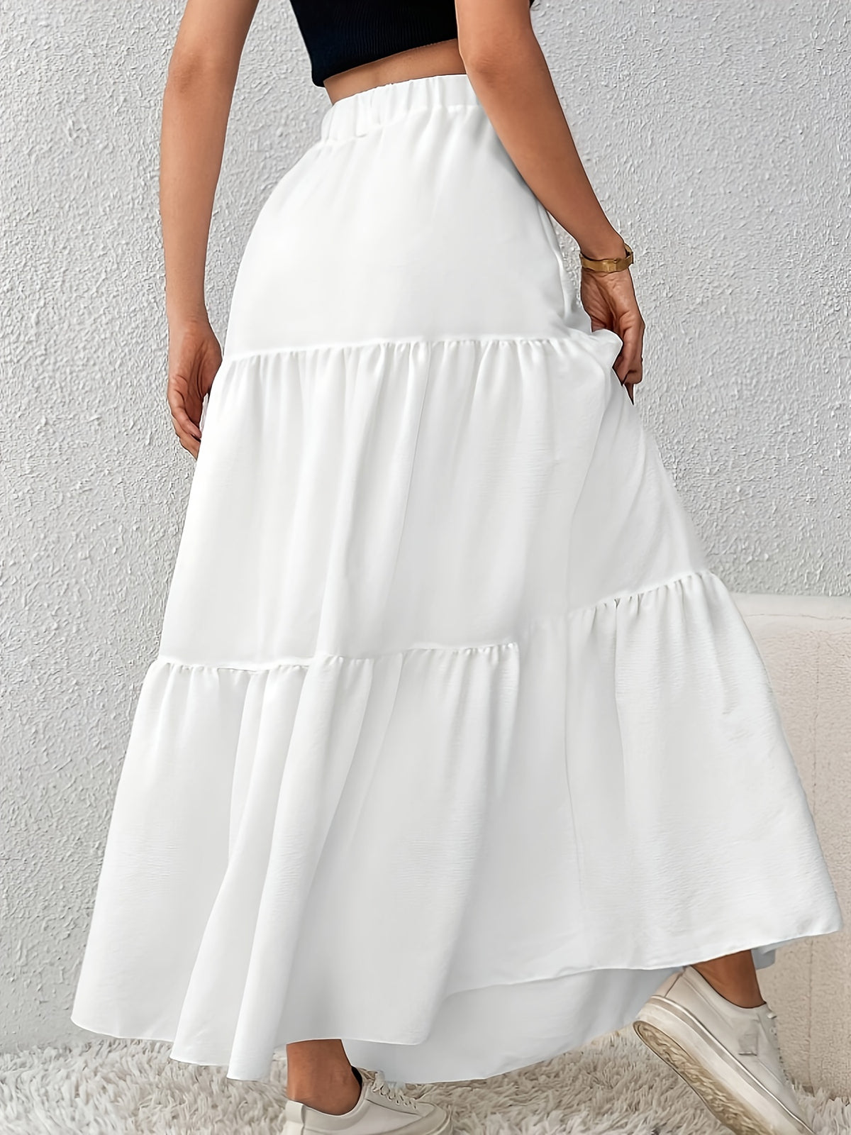 Women's High-Waisted Solid Color Daily Multi-Layer Skirt - White