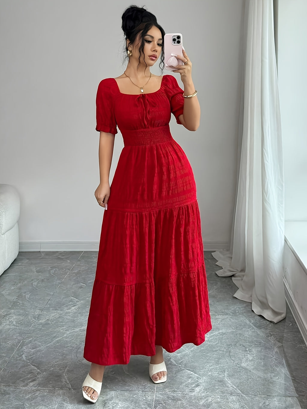 Ladies' Elegant Lace-Trimmed Sleeved Dress with Tie Details, Summer - Red