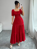 Ladies' Elegant Lace-Trimmed Sleeved Dress with Tie Details, Summer - Red