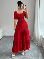 Ladies' Elegant Lace-Trimmed Sleeved Dress with Tie Details, Summer - Red