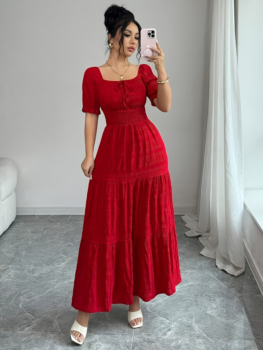 Ladies' Elegant Lace-Trimmed Sleeved Dress with Tie Details, Summer - Red