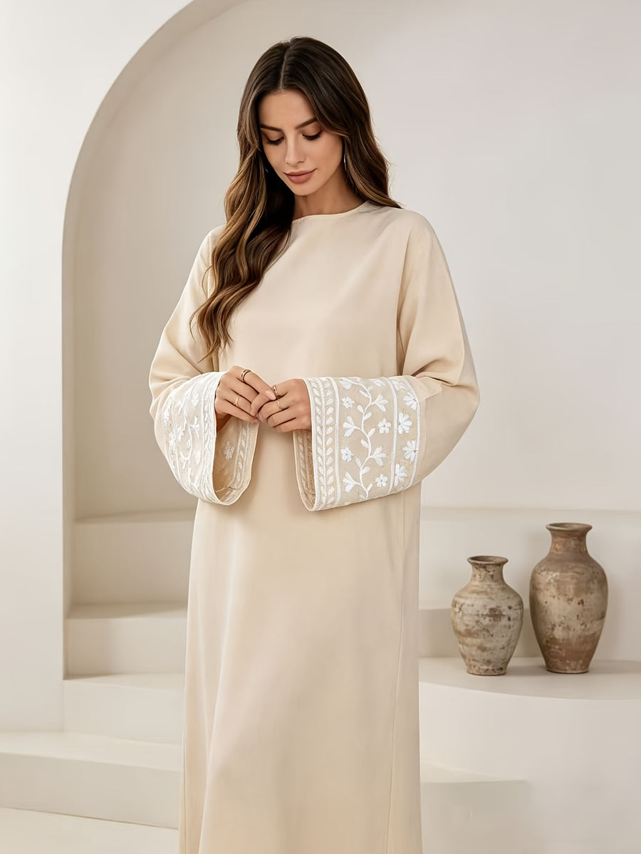 1pc Women'S Arab Robe - Elegant Islamic Dress, Exquisite Embroidered Cuffs, Suitable for Muslim Women, Office, Travel, Religious Ceremonies, Travel Clothing, Loose Fit, Breathable Fabric, Dignified Attire - Apricot