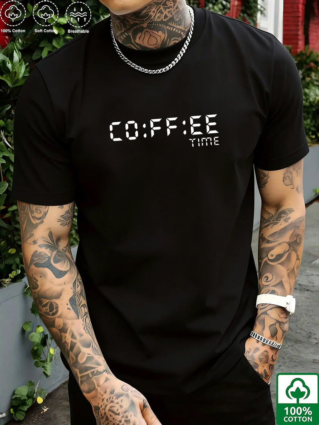 Pixel Art Style Coffee Time Men's Pure Cotton T-Shirt, "CO:FF:EE TIME" Letter Print, Features a Simple Everyday Vibe, Breathable and Skin-Friendly for No Sweaty Feel, High Elasticity with No Deformation, Versatile Crew Neck Fit for a Slimming Look - Black