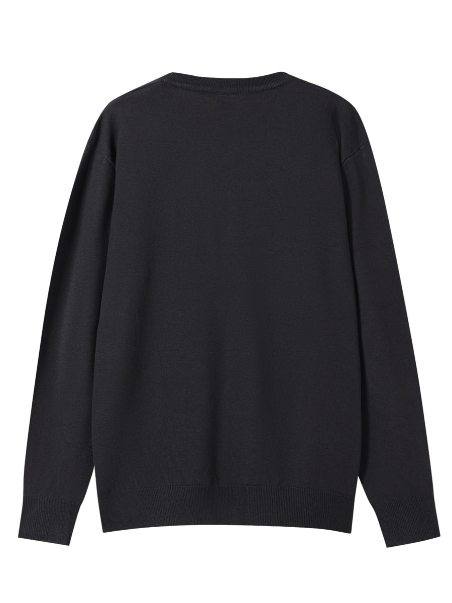 Men's Minimalist Triangle Print Knit Sweater - Warm Crew Neck Long Sleeve Pullover, Stretchable Base Layer Suitable for Autumn Winter Layering, Casual Office Wear & Cold Weather, Hand Washable Regular Fit Sweater - Black