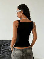 Women's Fashionable Versatile Square Neck Strappy Tank Top with Buckle Closure - Black