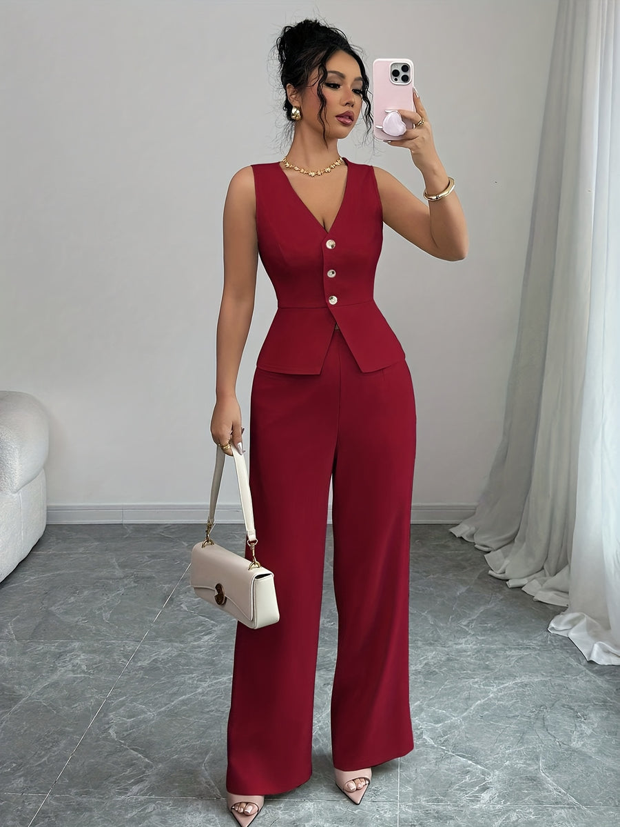 Sleeveless Elegant Vest And Women'S Pants Set, Summer Office Wear - Burgundy