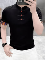 Men'S Chinese Style Short Sleeve Polo Shirt, Short Sleeve T-Shirt, Men'S Top with Button Design, Individual Colored Buttons, Designer Style - 10321D-3280