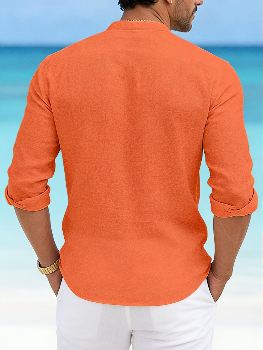 Men's 100% Pure Cotton Casual Stand Collar Long Sleeve Shirt, 5pcs. Breathable Long-sleeve Shirts for Men, a Great Choice for Daily Commutes, Outings, and Seaside Vacations. A Wonderful Gift for a Boyfriend or Husband. - Black + Gray + Orange Red + Green + Pink
