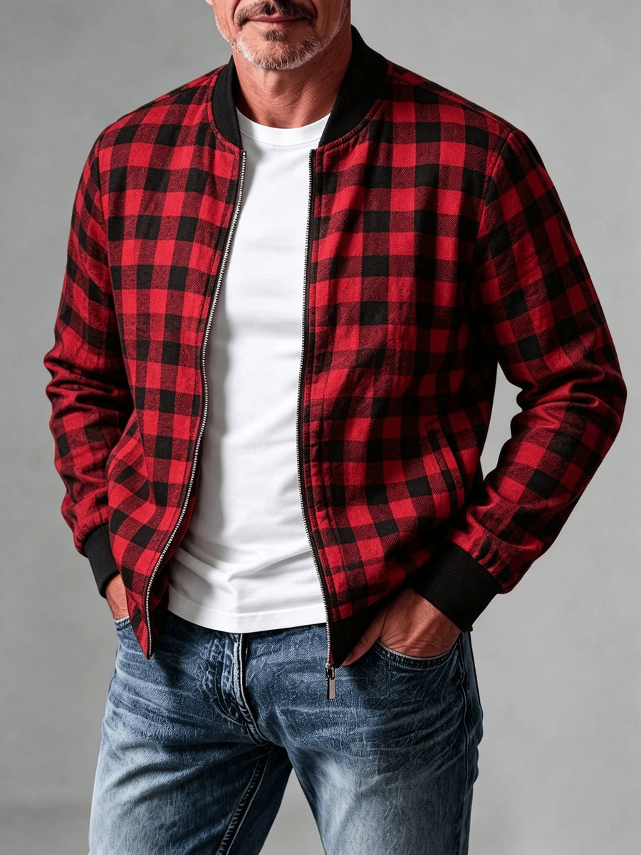 Men's Vintage Waffle Check Baseball Jacket with Zipper Front & Collar - Multi-Color Plaid Cardigan Coat (Black/White/Red/Brown/Green), Machine Washable Suitable for Commuting, Casual Streetwear Outerwear, Spring/Autumn Daily Jacket - Red-Black