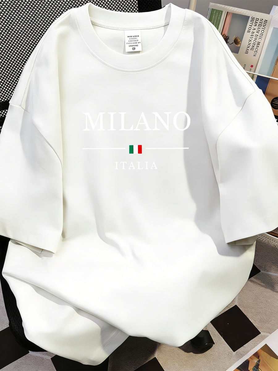Milan Milano Letter Print Short Sleeve T-Shirt, Easy Ins Style, Loose And Flattering, Casual Unisex Top Suitable for Couples - White