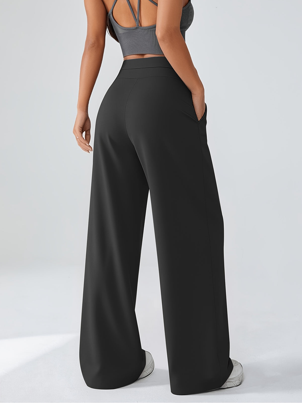 Spring And Autumn Women'S Casual Versatile Wide-Leg Pants (2 Pockets) High-Waisted Elastic Waist Design Straight-Leg Long Pants Breathable Loose Daily Commute Outerwear Comfortable Women'S Pants - Black
