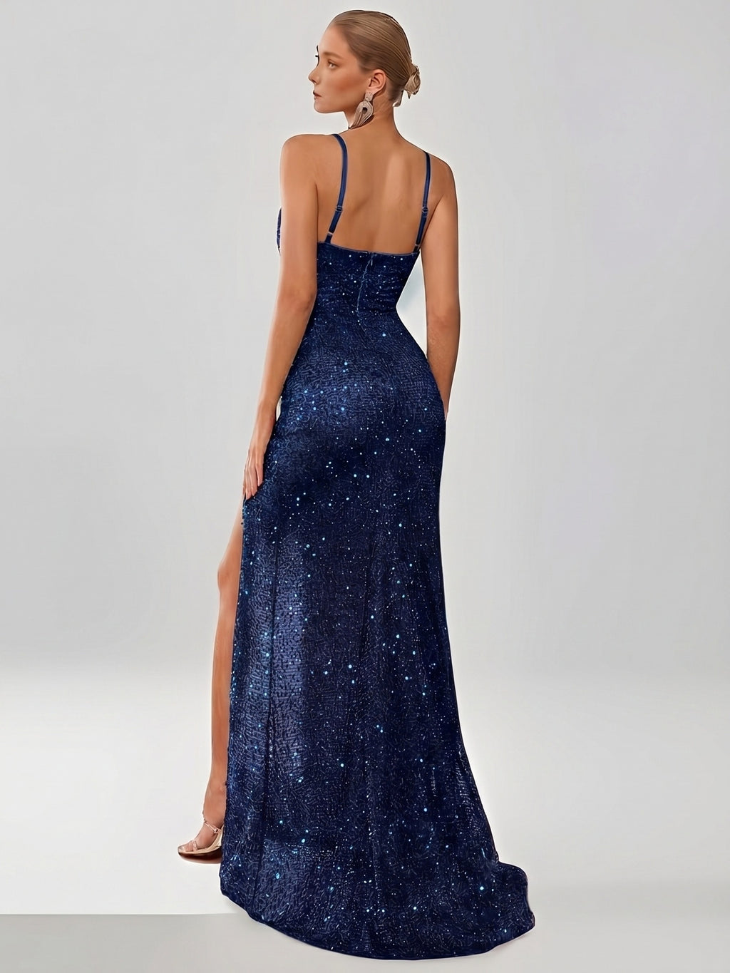 Sparkly Sequin Off-The-Shoulder Camisole Pleated Dress, Elegant Split Thigh Draped Side Slim Evening Dress, for Parties And Banquets, Wedding Nights, Proms, Date Night Dinners, Fashionable Elegant Performance Attire - Navy Color