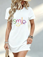 Printed Design Not Textured, Casual Women Dress, Smile Graphic Print, Summer Beach Outing, Gift for Girlfriend, 100 Percent Polyester - White