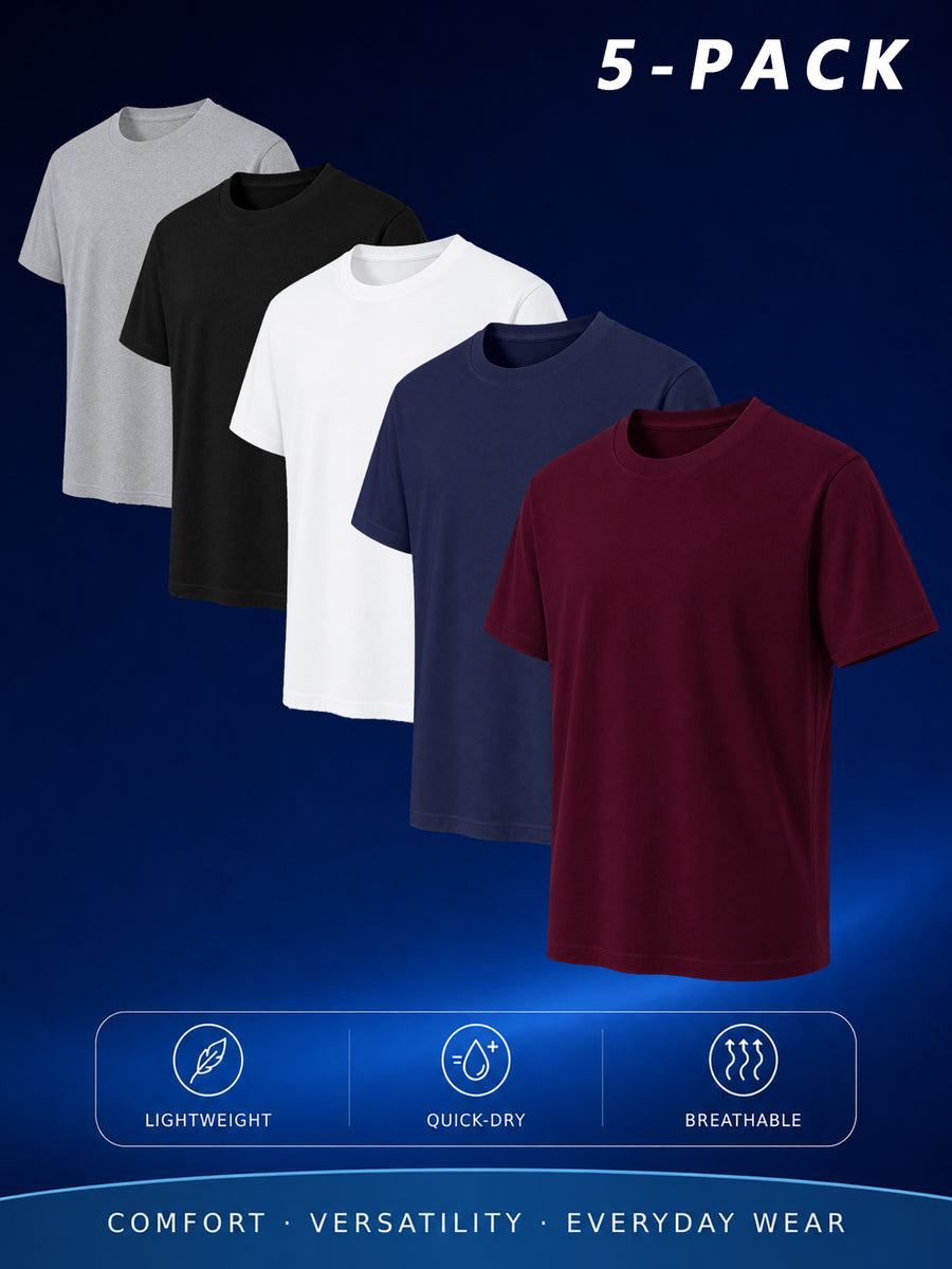 5pcs of High-quality Men's Pure-color Short-sleeved T-shirts, Assorted in 5 Different Colors, Fashionable, Casual, Comfortable, Lightweight, Basic-style Tops, Suitable for Daily Wear, Work, Sports, and as Gifts - 5-piece set in light gray, wine red, blue, white, and black