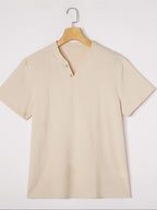 Men's Summer Linen T-Shirts 2pcs, Breathable Soft V-Neck Henley Short Sleeve Shirts, Loose Casual Beach Yoga Tops, Trendy Mens Casual Wear - White+Khaki