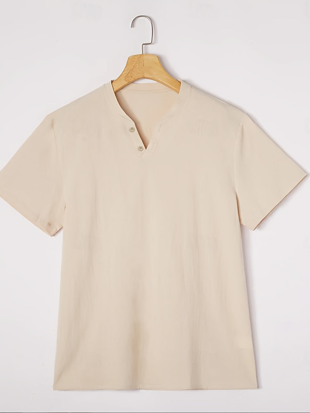 Men's Summer Linen T-Shirts 2pcs, Breathable Soft V-Neck Henley Short Sleeve Shirts, Loose Casual Beach Yoga Tops, Trendy Mens Casual Wear - White+Khaki