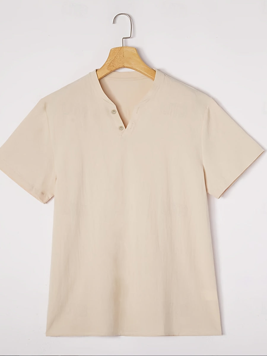 Men's Summer Linen T-Shirts 2pcs, Breathable Soft V-Neck Henley Short Sleeve Shirts, Loose Casual Beach Yoga Tops, Trendy Mens Casual Wear - White+Khaki