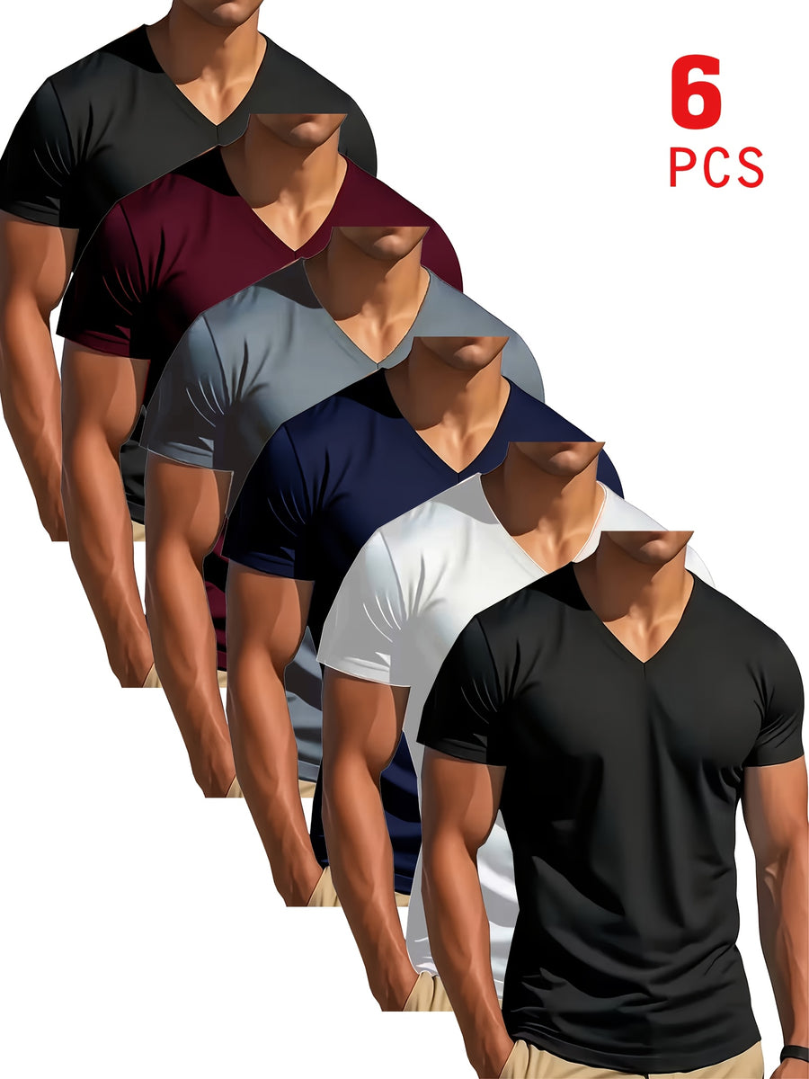 V-neck T-shirt in Black, White, Navy Blue, Gray, Burgundy, and Black - 6pcs Mixed Pc. More Comfortable Than You Might Imagine, with Slight Stretch, Slim-fit Cut, Versatile Design. Men's Short-sleeve T-shirt, Sweatshirt, Quick-dry Athletic Top - V-neck T-shirt, Black/White/Navy/Gray/Burgundy/Black, 6-Pack