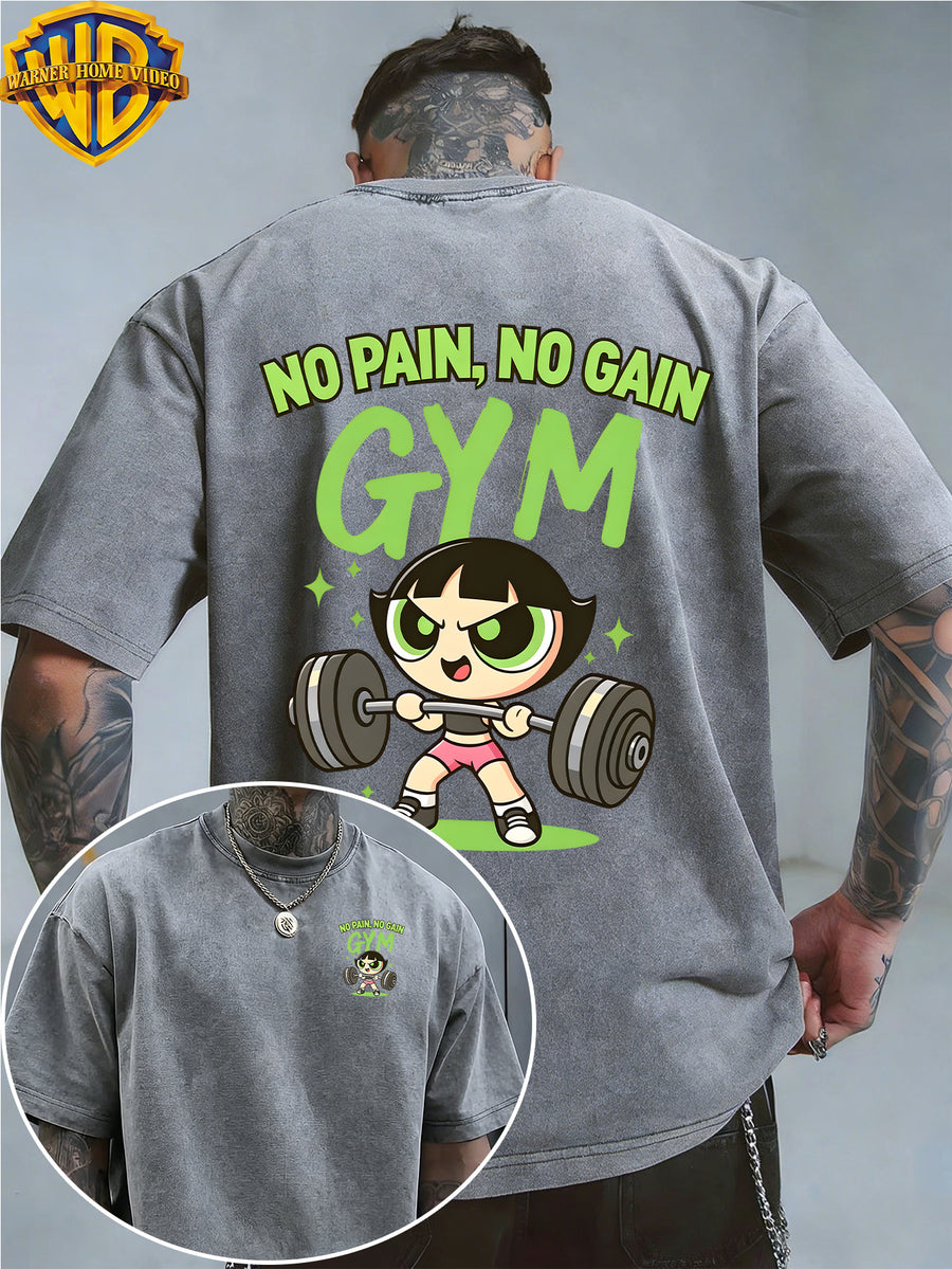 Warner Bros. Officially Authorizes Iron Fitness Slogan Printed Retro Washed Outdated Short Sleeve T-shirt for Men and Women, Machine Washable Daily Commuter Outdoor Sports and Leisure Top - Grey