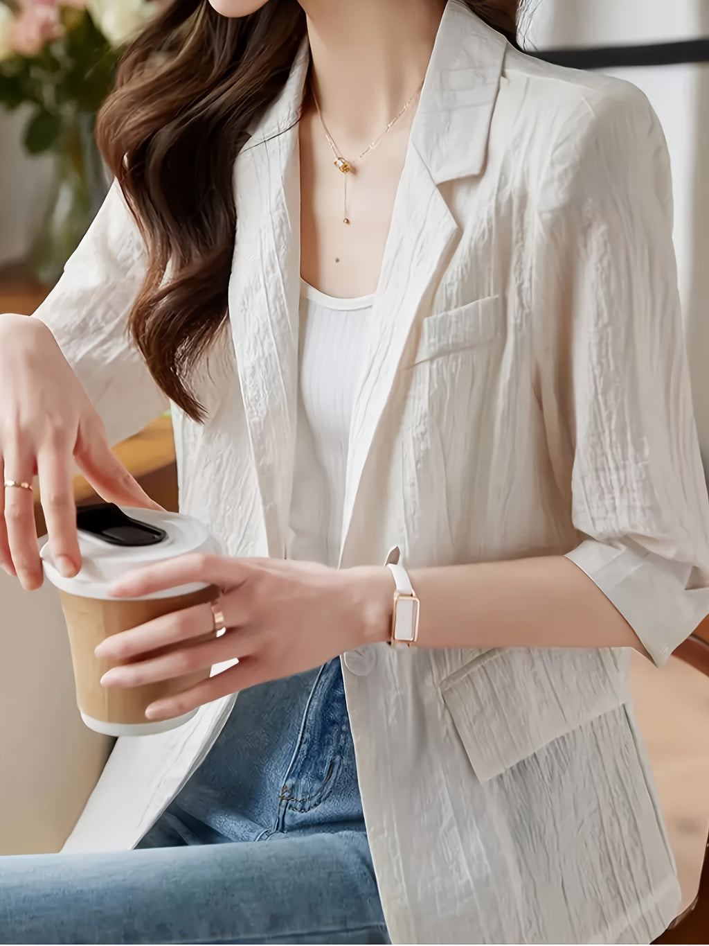 Spring Summer Women'S Fashion Lightweight Sunscreen Cover-Up Blazer - Off-white