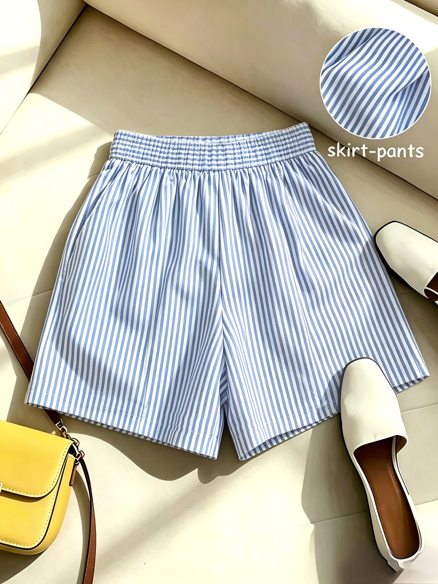 Elegant Fashion New Spring Summer Women'S Striped Back Elastic Button-A-Line Design Loose Casual Commuter All-Match High-Waist Skirt Pants - Blue