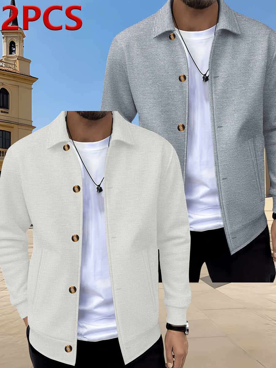 [Pearson OBM] Spring/Autumn Men'S Casual Knit Jacket, Waffle Collar Button-Up Cardigan Jacket, Daily Commute Versatile Men'S Wear 2pcs Set, 2026 New Style Fashionable Versatile Style - Grey+White