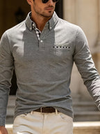 EnglishContrast Pocket Long Sleeve Collared Polo Stretch Slim Fit Business Casual Men T Shirt - Light Grey