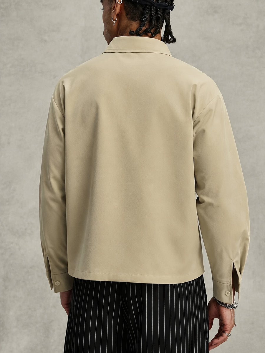 Men's Long-Sleeve Shirt with Split Design, Cropped Lightweight Outer Jacket, Simple Daily Commute Men's Casual Shirt - Apricot
