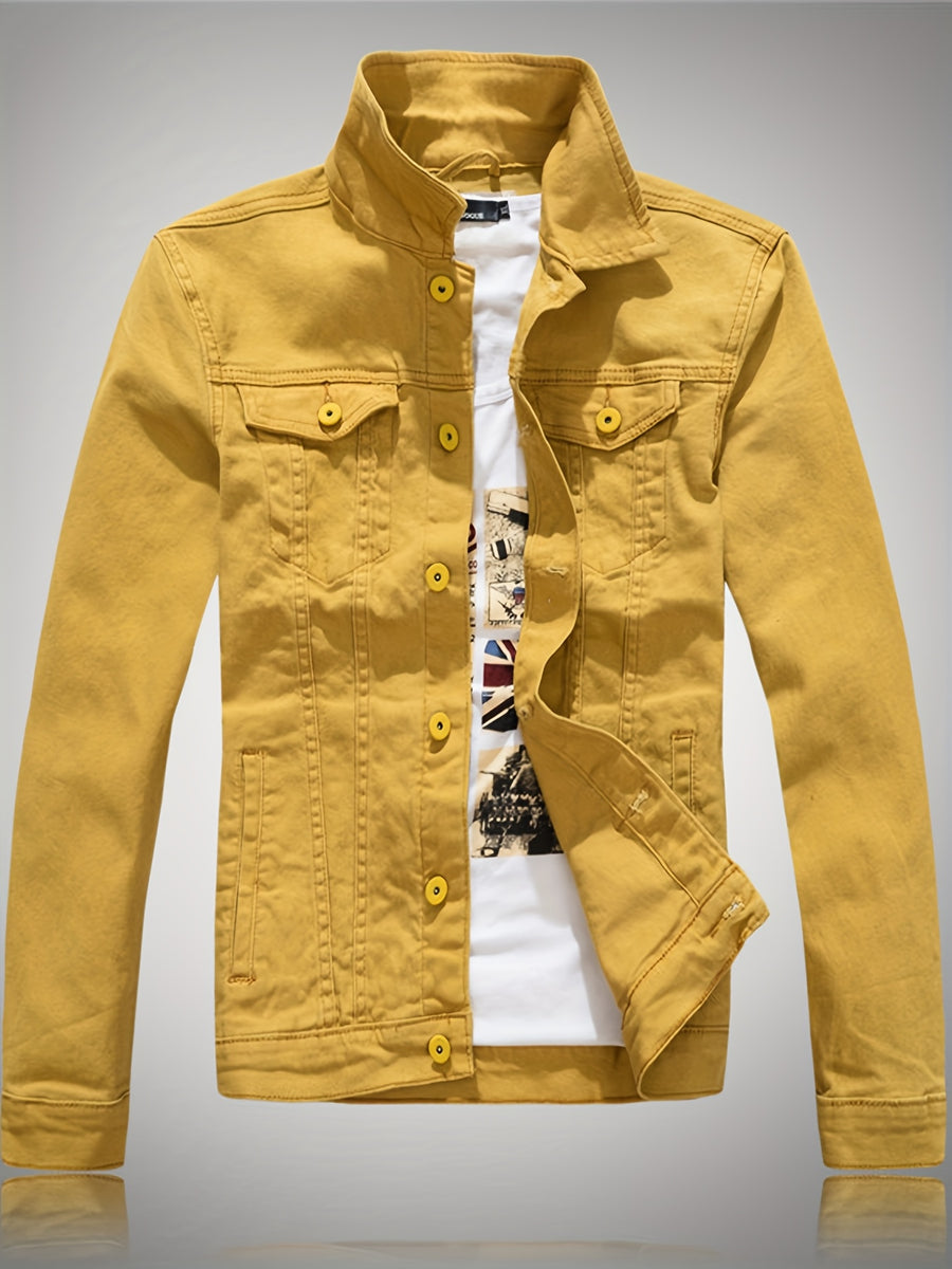 Men'S Denim Jacket, Trendy Men'S Long Sleeve Denim Jacket, Men'S Washed Denim Jacket, Casual Denim Jacket - Yellow