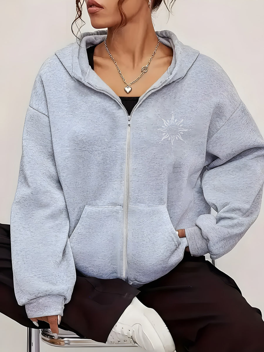 Loose-fit Casual Women's Sun-patterned Hooded Sweatshirt, Daily Outdoor Wear Top with Zipper Hoodie - Comfortable Winter Pullover, Machine-washable Casual Sweatshirt, Autumn/winter Style Hooded Zip-up Pullover - Grey