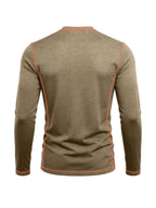 Men's Retro Patchwork T-Shirt - Solid Color Base with Contrast Patch Suitable for Fall/Winter, Round Neck Long Sleeve Casual Layering Top, Machine Washable Blending Shirt for Outdoor & Casual Attire (Regular Fit) - Khaki