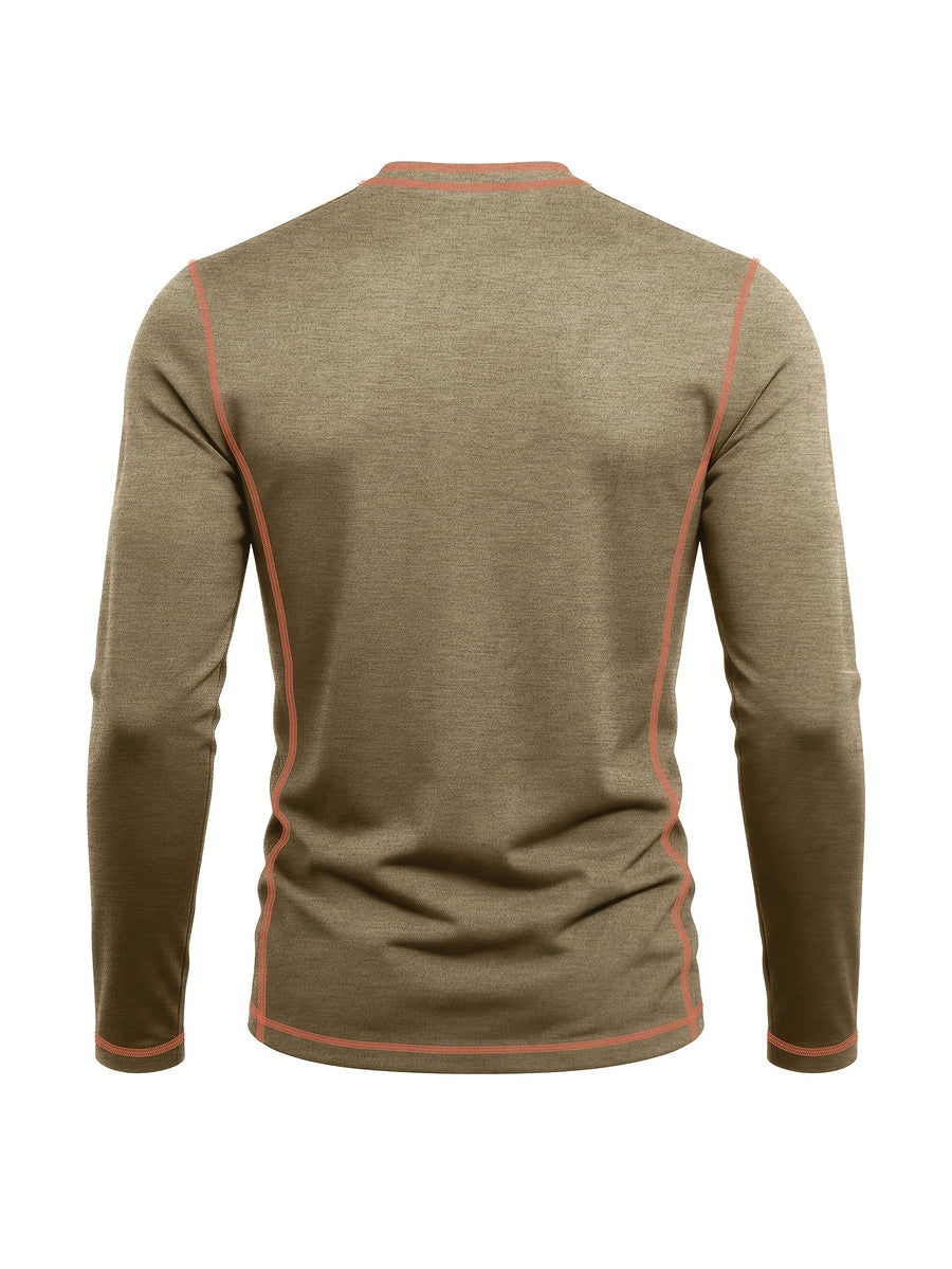Men's Retro Patchwork T-Shirt - Solid Color Base with Contrast Patch Suitable for Fall/Winter, Round Neck Long Sleeve Casual Layering Top, Machine Washable Blending Shirt for Outdoor & Casual Attire (Regular Fit) - Khaki
