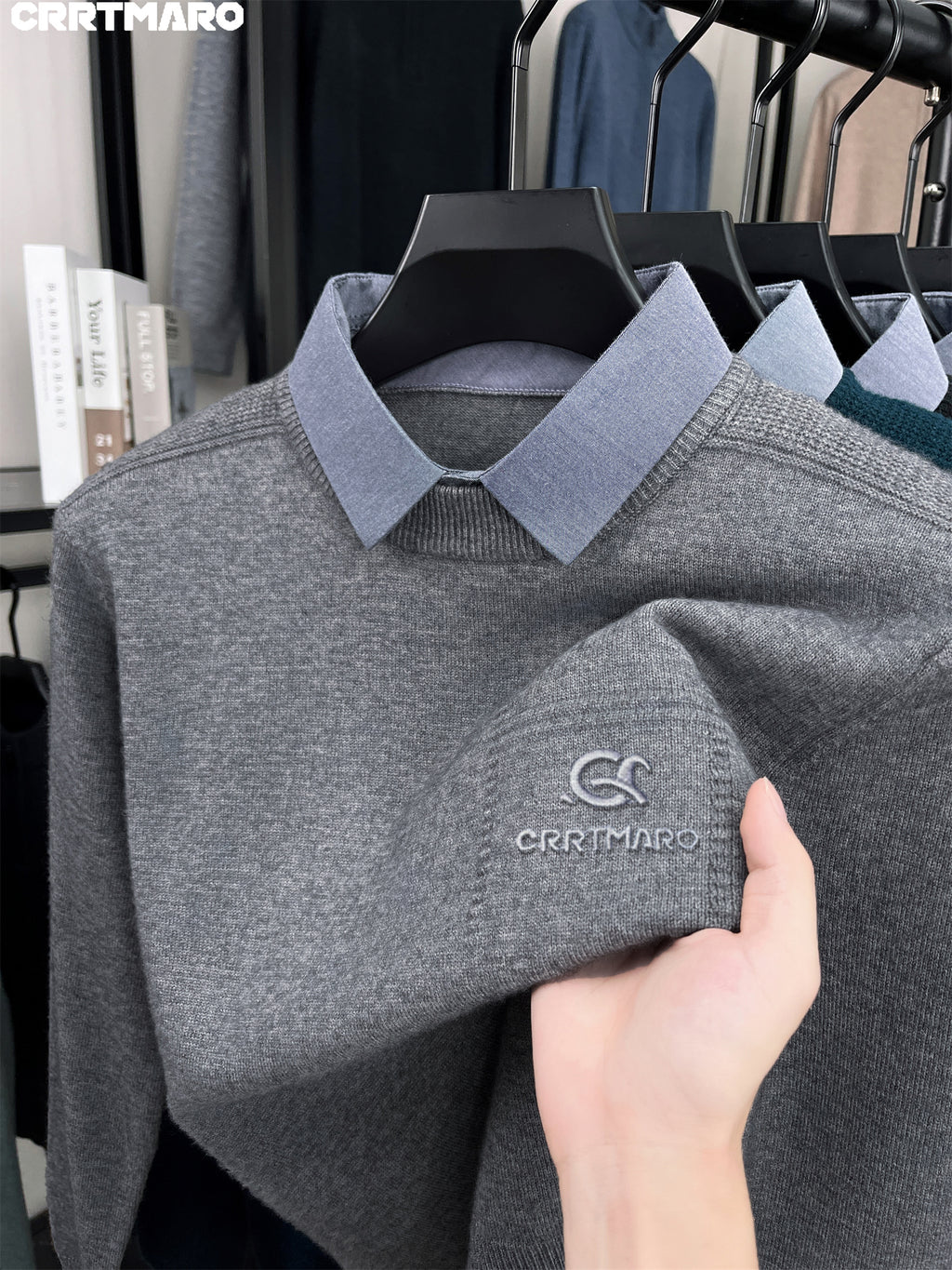 Katemar CRRTMARO Autumn/Winter Knitted Three-Dimensional Solid Color Lapel Sweater Basic Pullover Knitwear Men's Fashion Knitwear Short Sleeve JAE - Grey