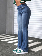 High-stretch Slim-fit Women's Jeans, Flap-pleated Women's Flared Trousers - Blue