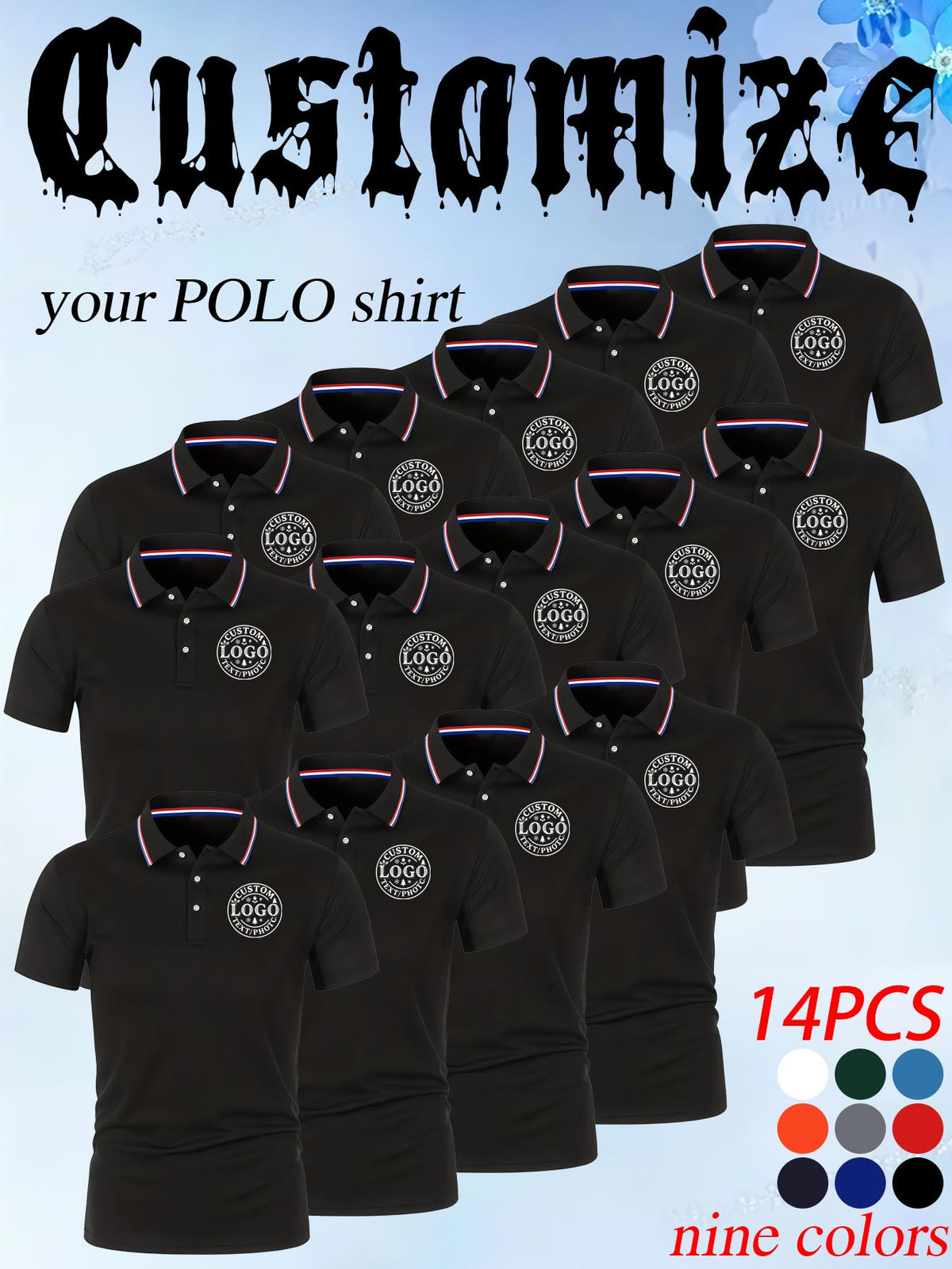 14pcs Classic Solid Color Men'S Polo Shirts, Breathable Lapel High Quality Shirts Casual Fashion Sport - Black