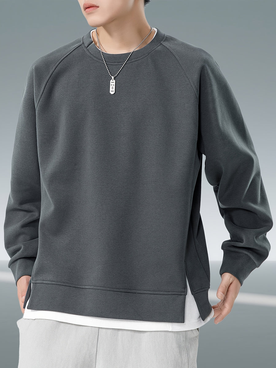 Autumn And Winter New Men'S Heavyweight 350G Fake Two-Piece Crew Neck Sweatshirt, Fashionable Raglan Sleeve Versatile Pullover, Loose Blend 67% + 33% Fiber Sports Sweatshirt - Dark Gray