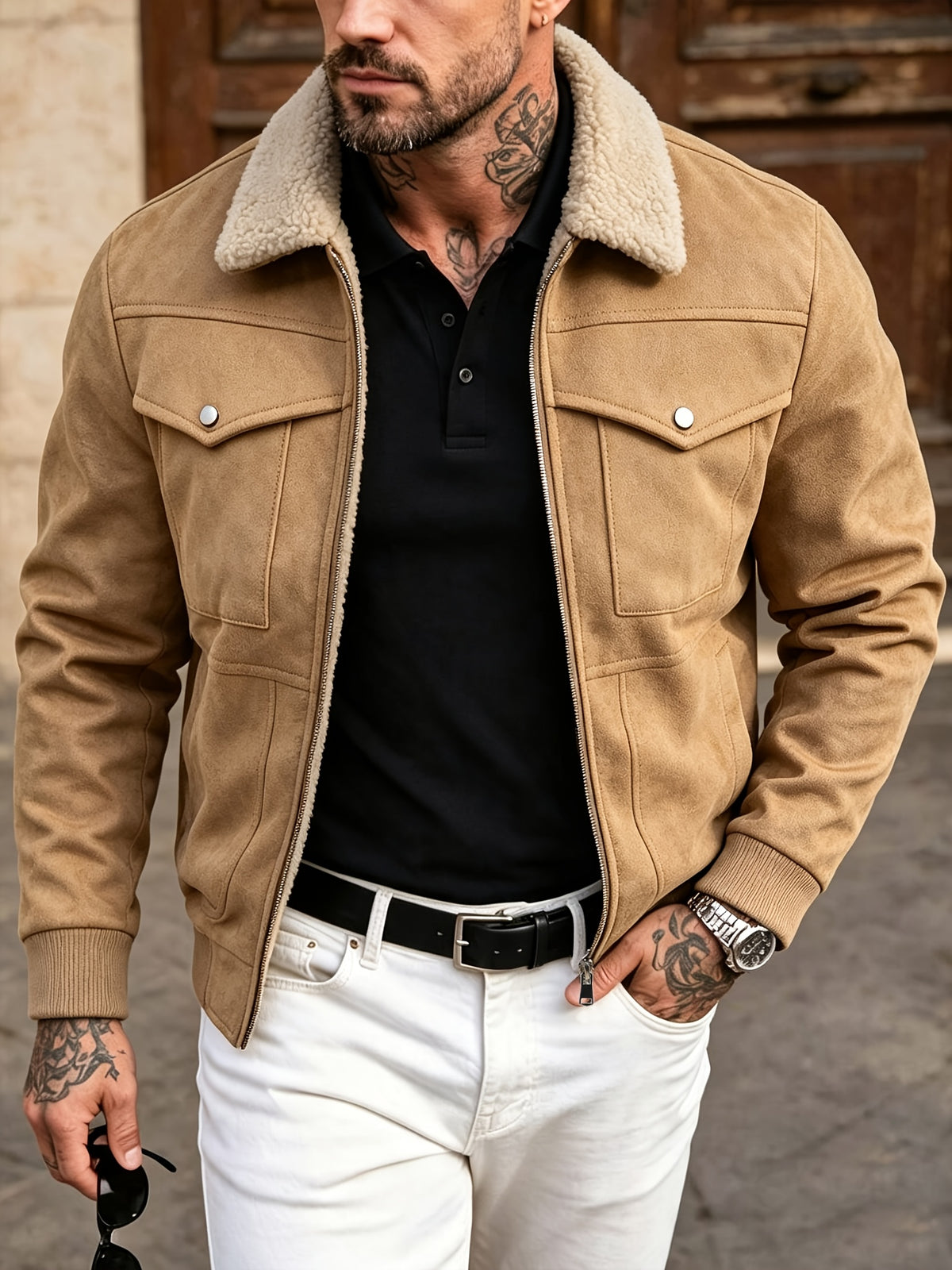 Middle-Aged And Young Men'S Premium Fleece Thickened Coat Men'S Autumn Winter Style Trendy Solid Color Lapel Casual Thick Jacket Men - Khaki