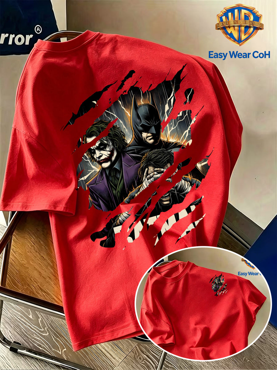 Warner Bros. Official New Men's Casual Crew Neck Short Sleeve T-Shirt, Front and Back Tear Effect Print with Batman Core Joker Villain Group Creative Graphic, American Dark Comic Style Men's Top, Unique and Hard to Match, Soft, Skin-Friendly - Red