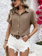 Women'S Casual Solid Color Short Sleeve Shirt, Spring Summer Blouse Short Sleeve Top - Khaki